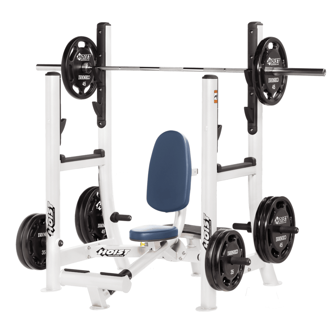 Commercial RYL white military press machine with seated back support and plate-loaded arms for shoulder strength training