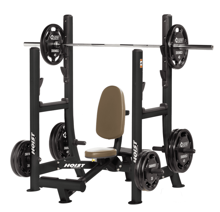 Commercial WHT military press machine with seated back support and plate-loaded arms for shoulder strength training