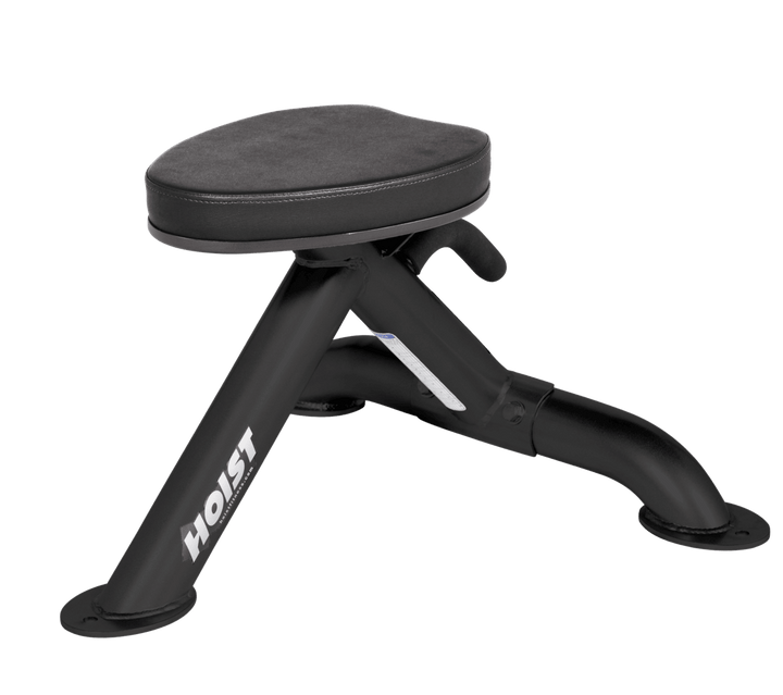 Commercial black utility stool with padded seat and compact frame for versatile strength training support
