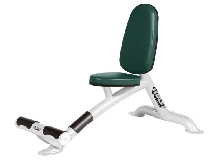 Utility HGR white bench with upright back pad and seat for versatile strength training exercises