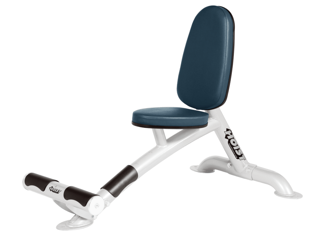 Utility NVY white bench with upright back pad and seat for versatile strength training exercises