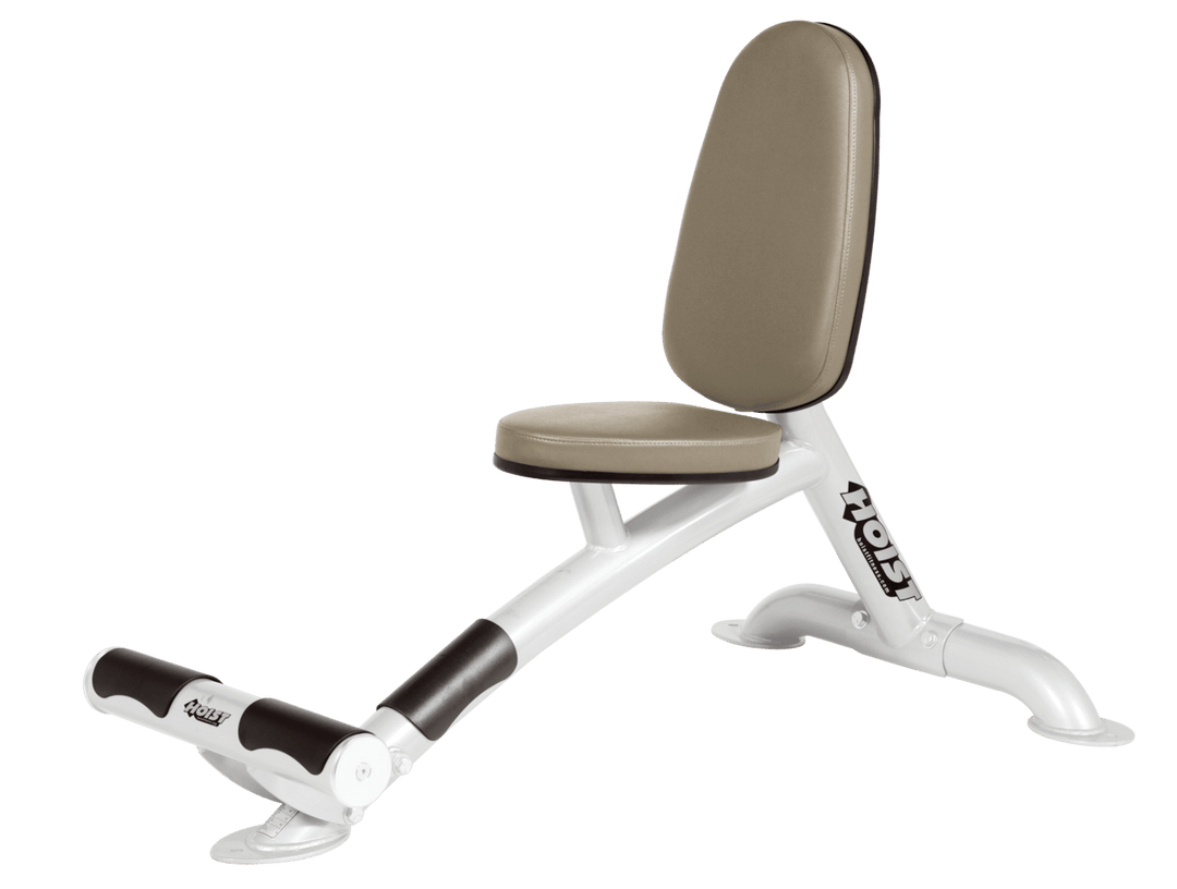 Utility SUE white bench with upright back pad and seat for versatile strength training exercises