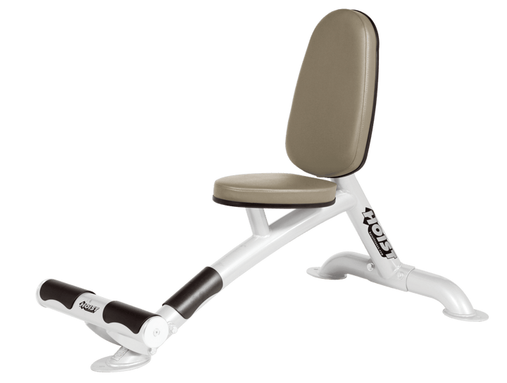 Utility SUE white bench with upright back pad and seat for versatile strength training exercises