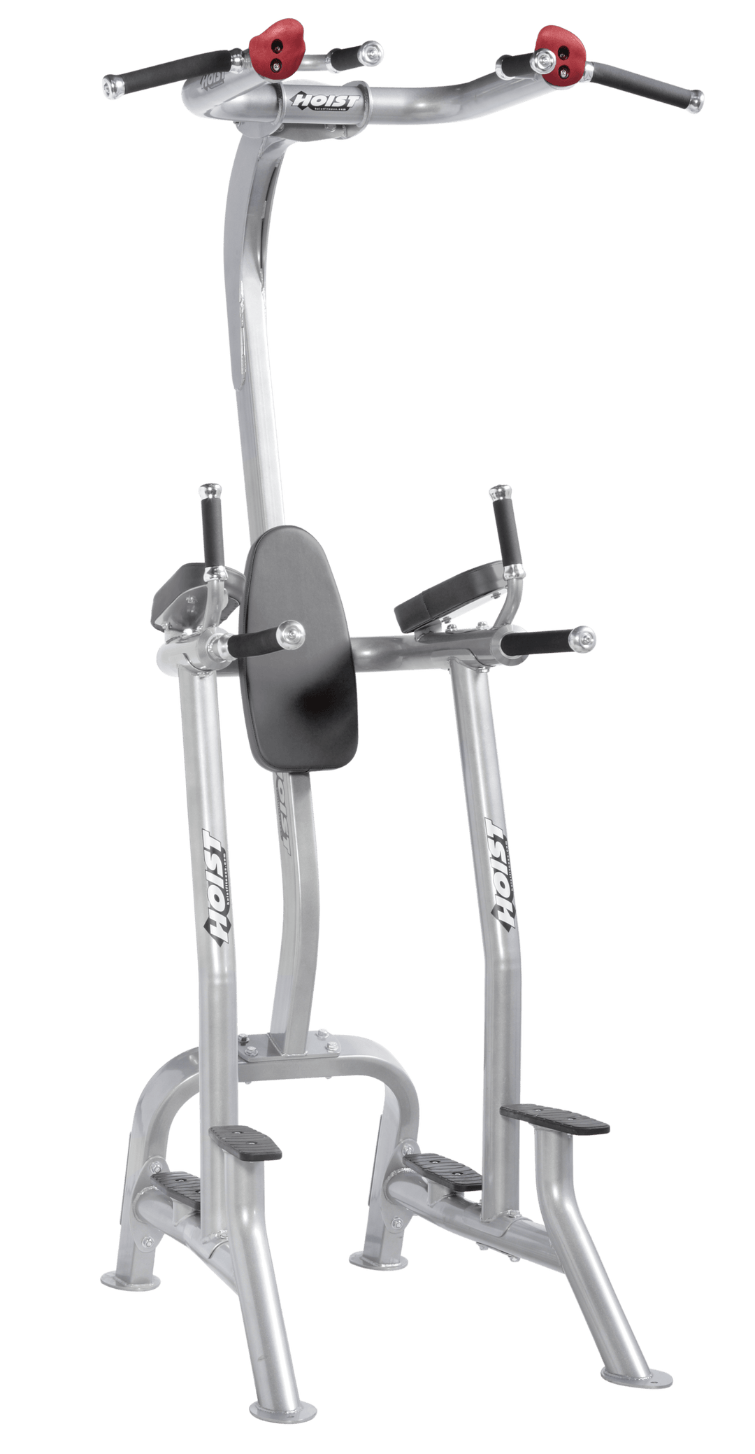 Fitness tree gray storage unit with multiple pegs for organizing weight plates and accessories.