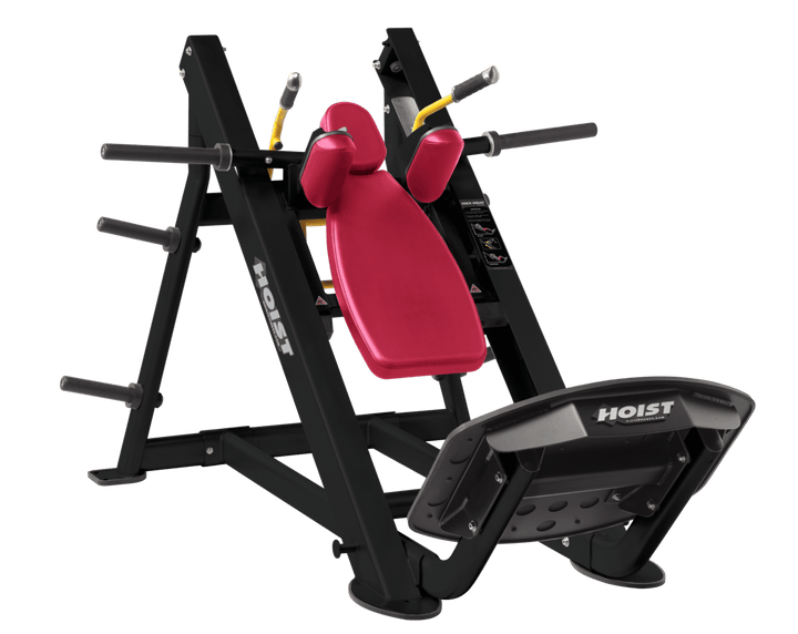 AMB Commercial hack squat machine with angled backrest, shoulder pads, and footplate for lower body strength training