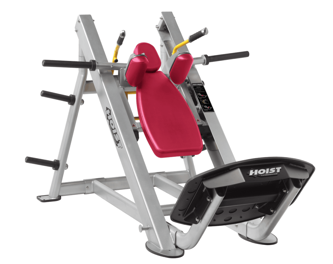 AMB Platinum Commercial hack squat machine with angled backrest, shoulder pads, and footplate for lower body strength training