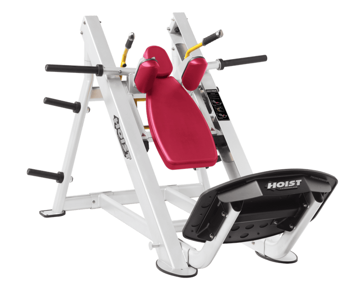 AMB White Commercial hack squat machine with angled backrest, shoulder pads, and footplate for lower body strength training
