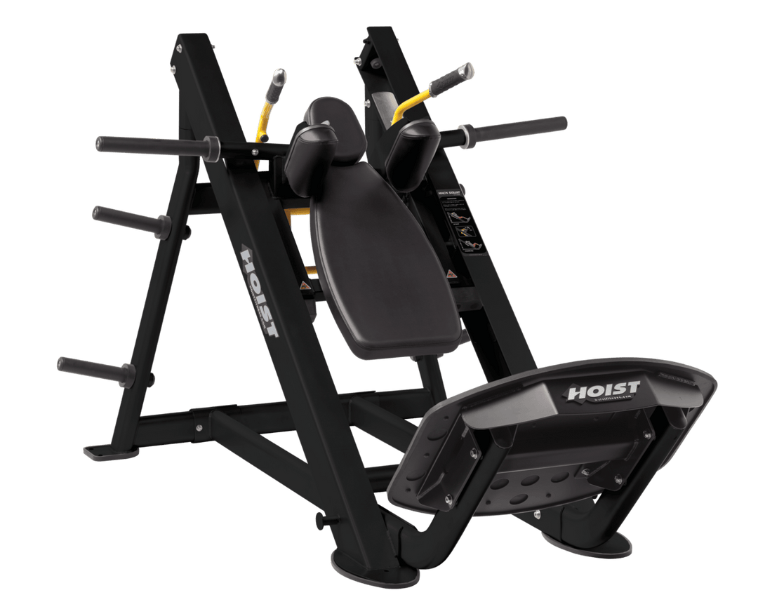 BLK Commercial hack squat machine with angled backrest, shoulder pads, and footplate for lower body strength training