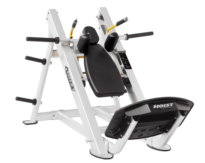 BLK White Commercial hack squat machine with angled backrest, shoulder pads, and footplate for lower body strength training