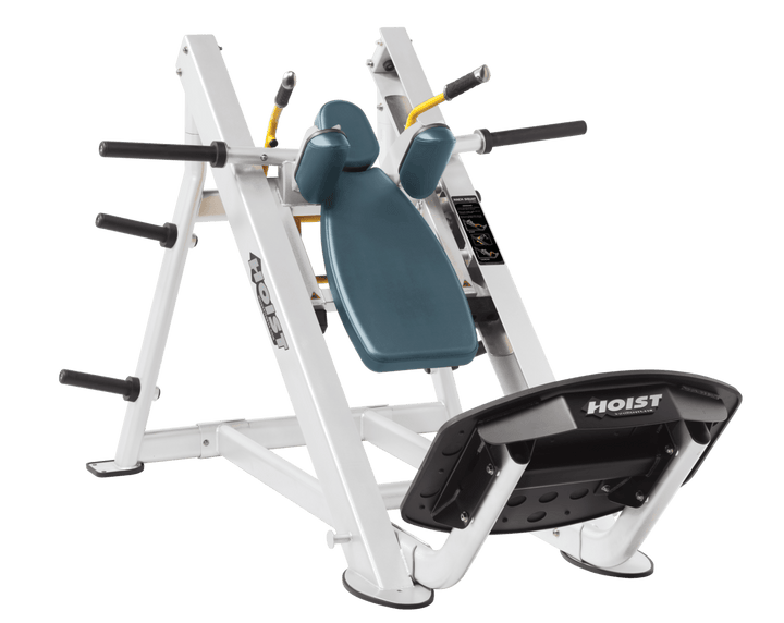 BRD White Commercial hack squat machine with angled backrest, shoulder pads, and footplate for lower body strength training