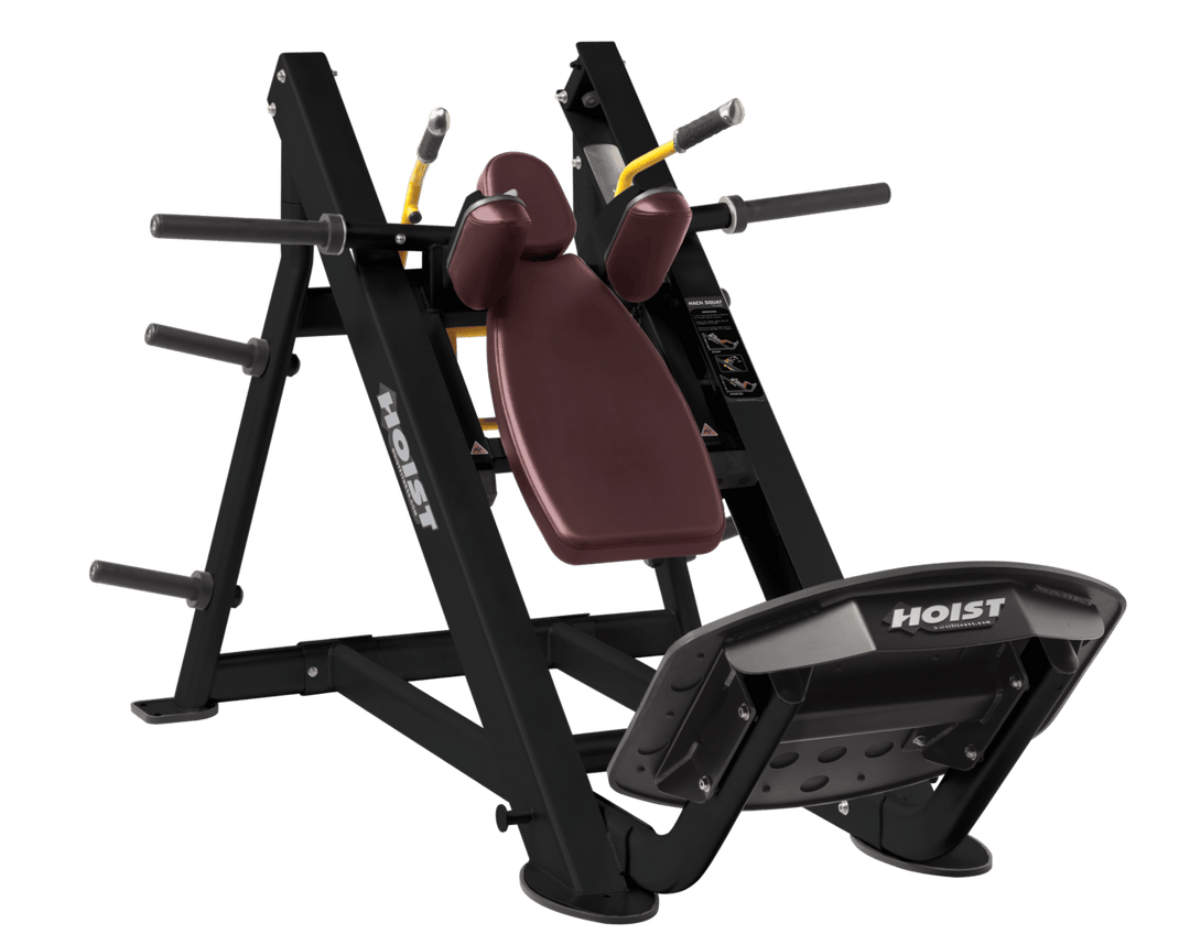 BRG Commercial hack squat machine with angled backrest, shoulder pads, and footplate for lower body strength training