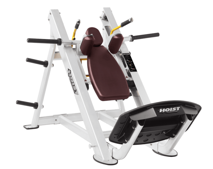 BRG White Commercial hack squat machine with angled backrest, shoulder pads, and footplate for lower body strength training