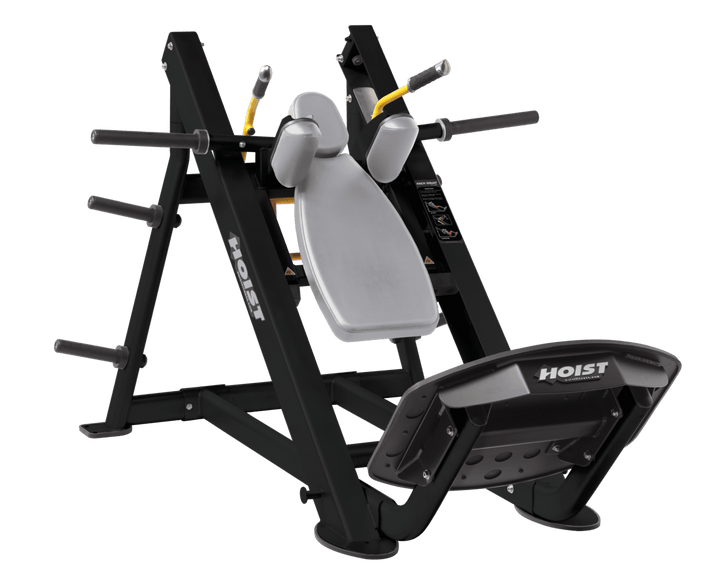 DVG Commercial hack squat machine with angled backrest, shoulder pads, and footplate for lower body strength training