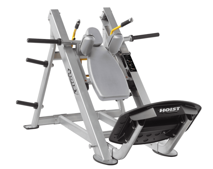 DVG Platinum Commercial hack squat machine with angled backrest, shoulder pads, and footplate for lower body strength training