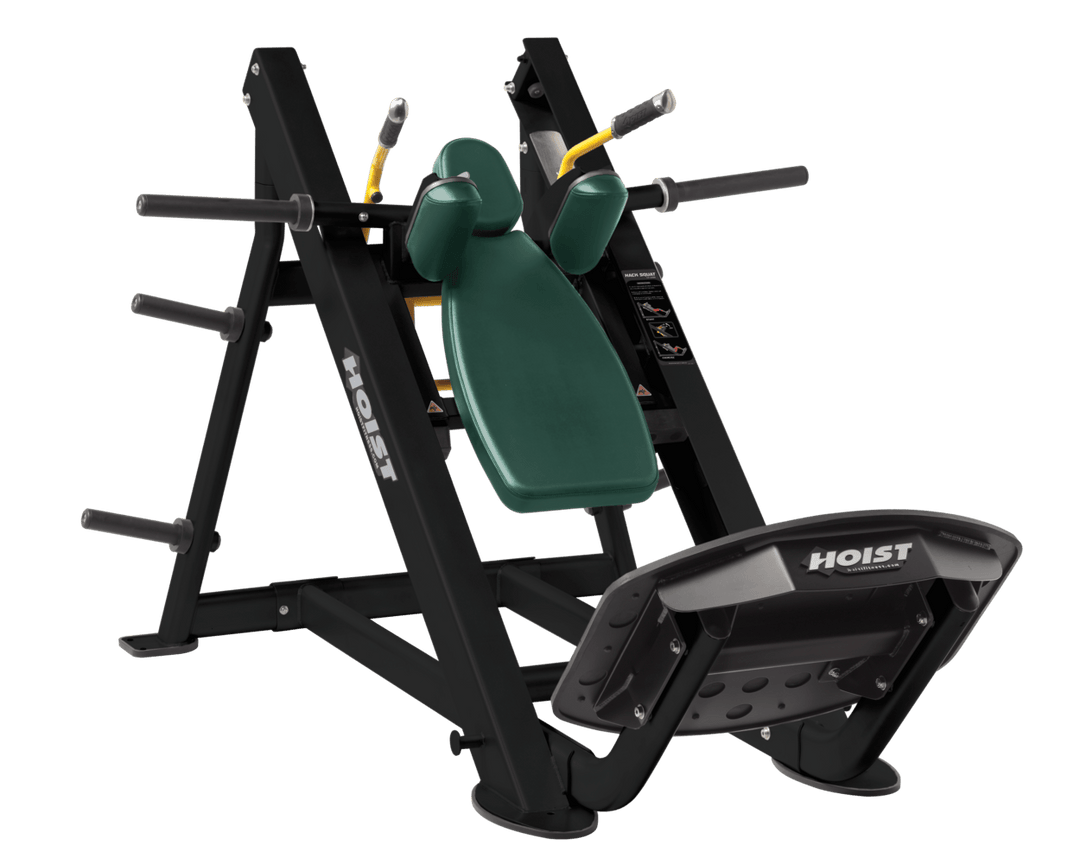 HGR Commercial hack squat machine with angled backrest, shoulder pads, and footplate for lower body strength training