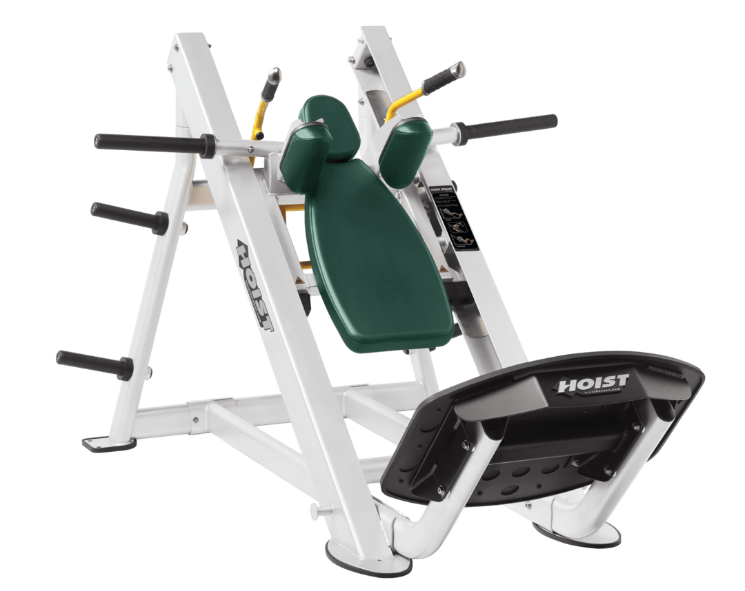 HGR White Commercial hack squat machine with angled backrest, shoulder pads, and footplate for lower body strength training