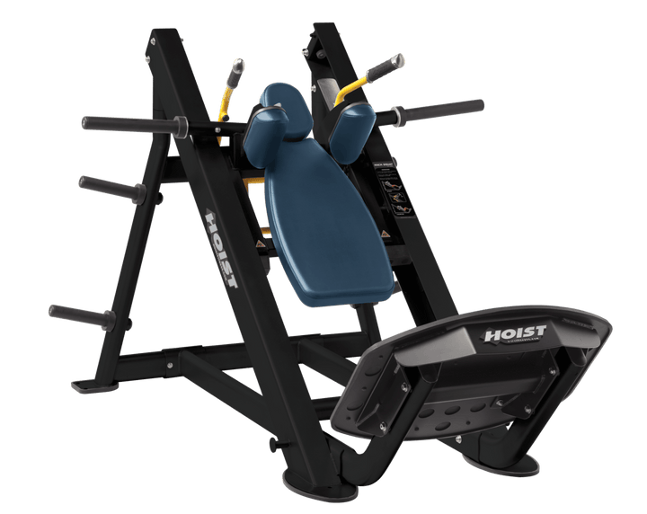 NVY Commercial hack squat machine with angled backrest, shoulder pads, and footplate for lower body strength training