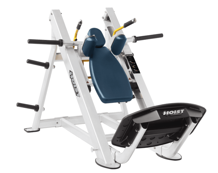 NVY White Commercial hack squat machine with angled backrest, shoulder pads, and footplate for lower body strength training