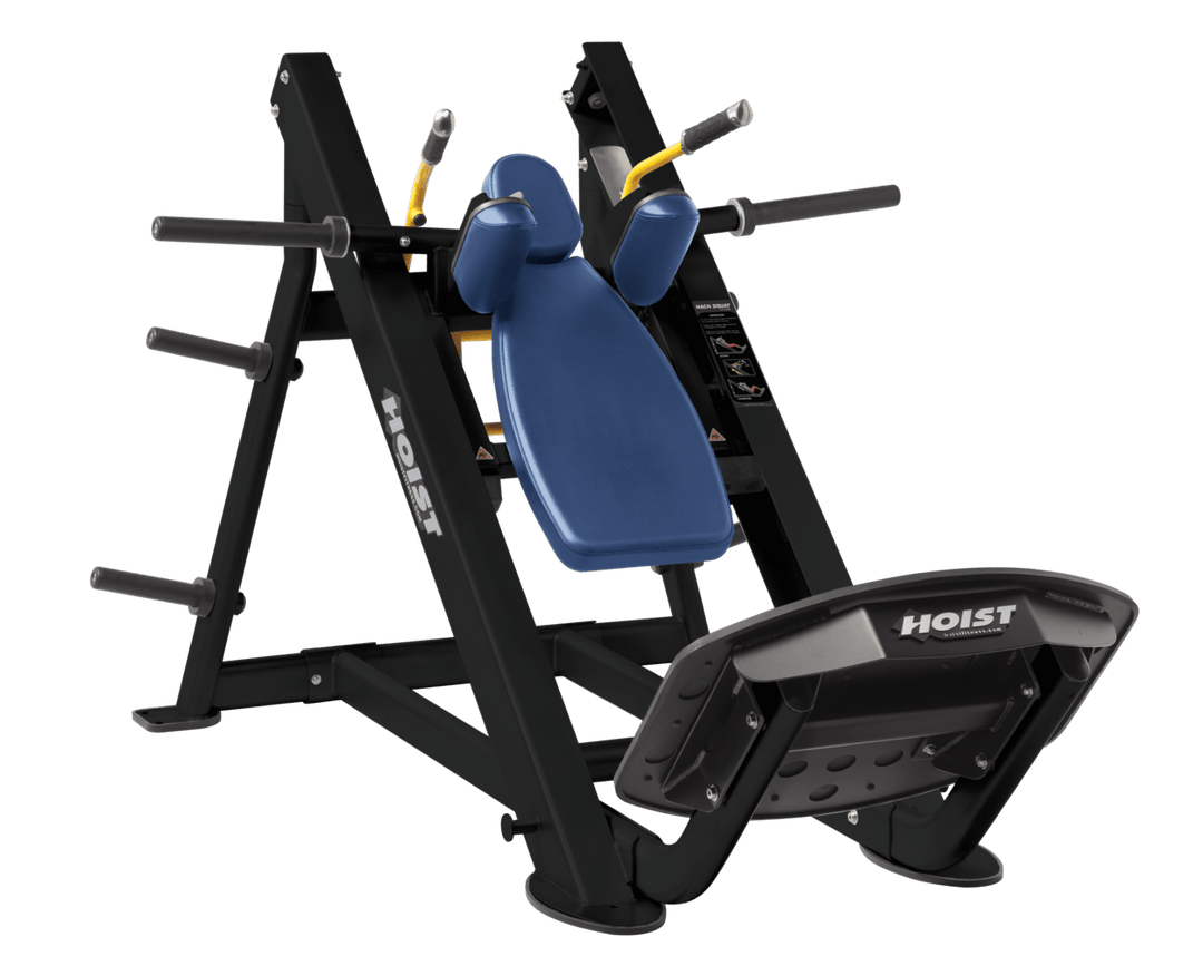 RYL Commercial hack squat machine with angled backrest, shoulder pads, and footplate for lower body strength training