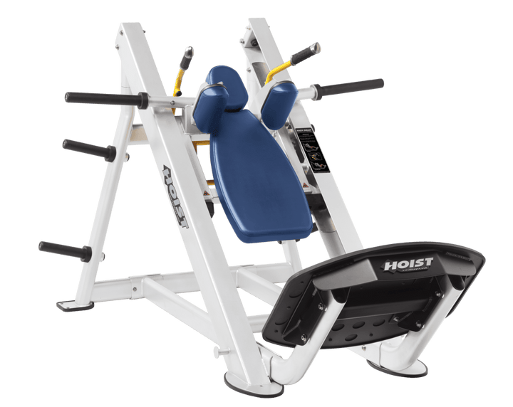 RYL White Commercial hack squat machine with angled backrest, shoulder pads, and footplate for lower body strength training