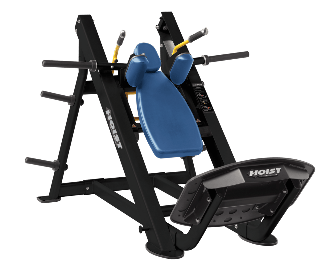 SKY Commercial hack squat machine with angled backrest, shoulder pads, and footplate for lower body strength training