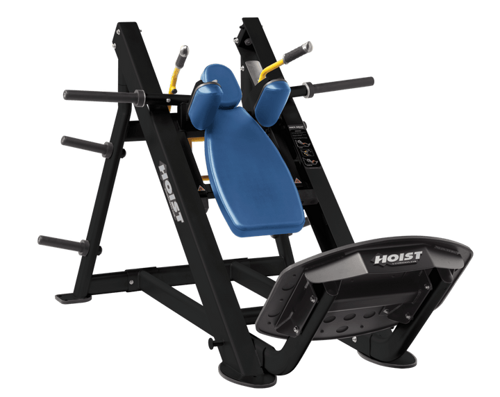 SKY Commercial hack squat machine with angled backrest, shoulder pads, and footplate for lower body strength training