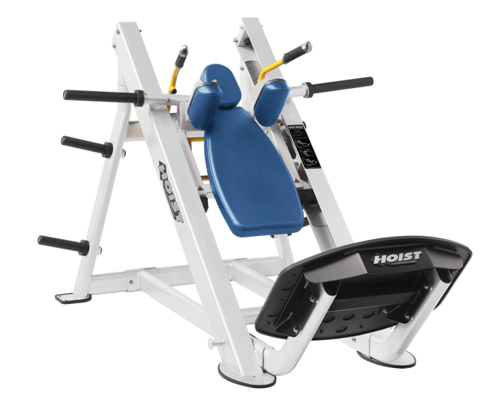 SKY White Commercial hack squat machine with angled backrest, shoulder pads, and footplate for lower body strength training