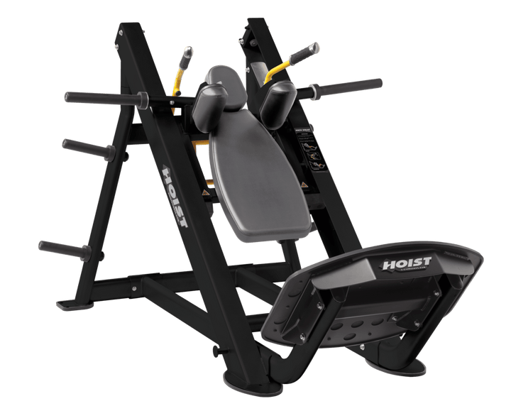 SLG Commercial hack squat machine with angled backrest, shoulder pads, and footplate for lower body strength training