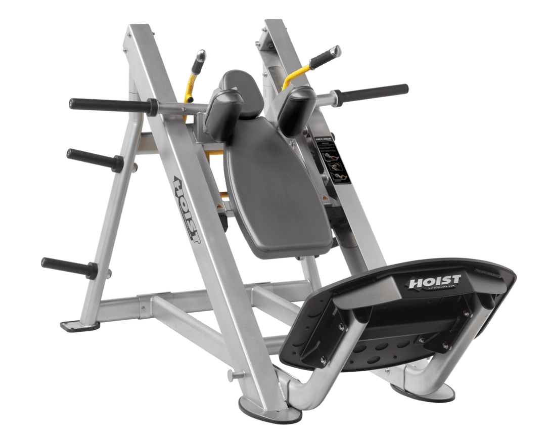 SLG Platinum Commercial hack squat machine with angled backrest, shoulder pads, and footplate for lower body strength training