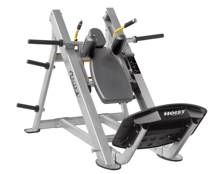SLG Platinum Commercial hack squat machine with angled backrest, shoulder pads, and footplate for lower body strength training