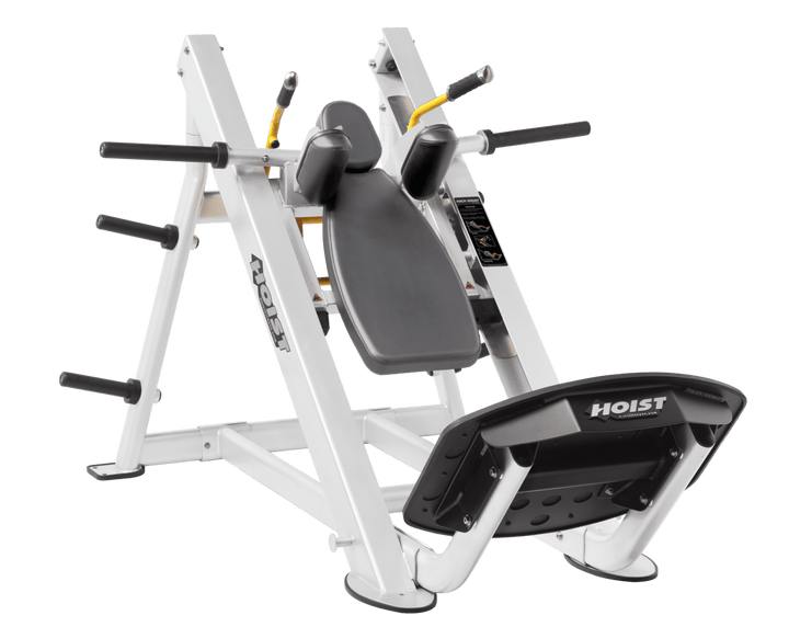 SLG White Commercial hack squat machine with angled backrest, shoulder pads, and footplate for lower body strength training