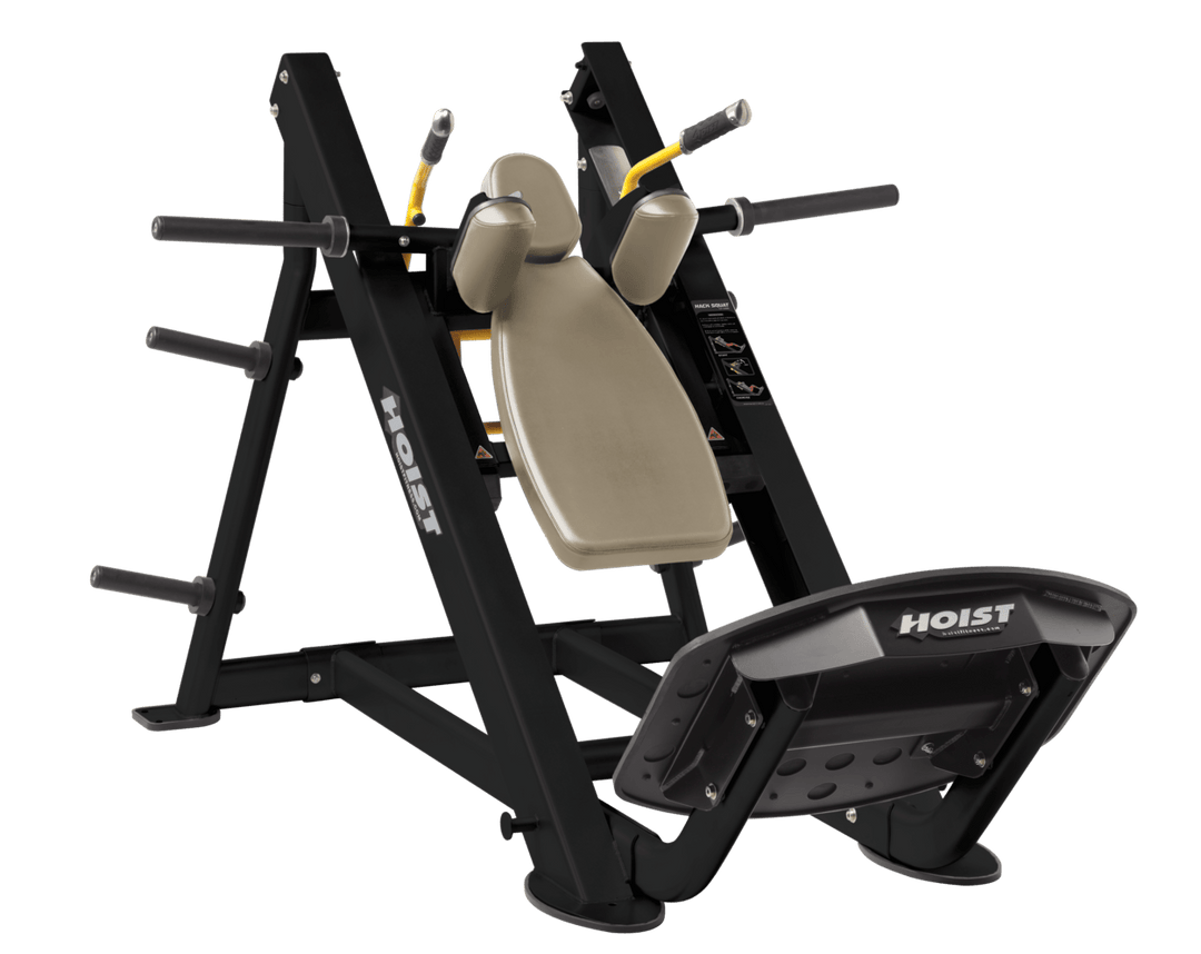 SUE Commercial hack squat machine with angled backrest, shoulder pads, and footplate for lower body strength training
