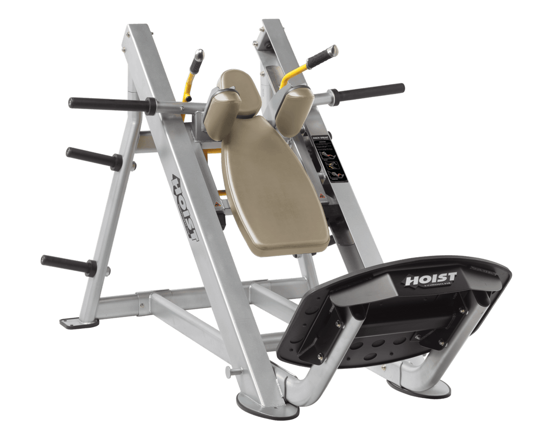 SUE Platinum Commercial hack squat machine with angled backrest, shoulder pads, and footplate for lower body strength training