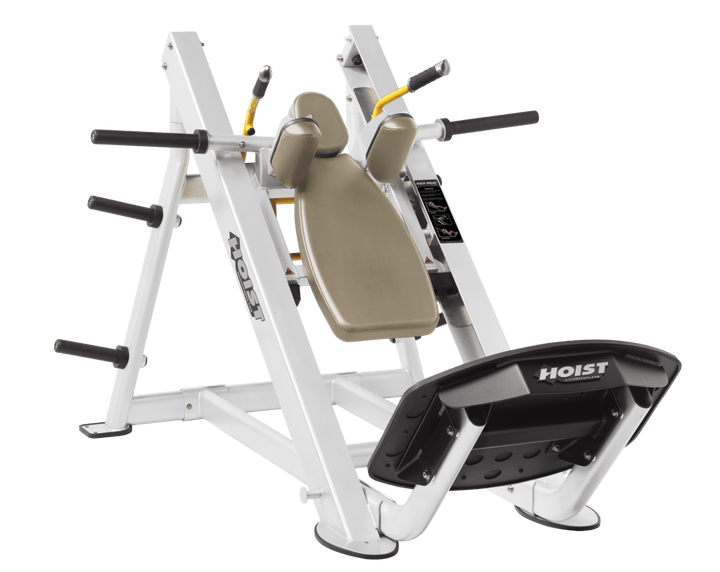 SUE White Commercial hack squat machine with angled backrest, shoulder pads, and footplate for lower body strength training