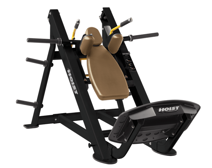 WHT Commercial hack squat machine with angled backrest, shoulder pads, and footplate for lower body strength training
