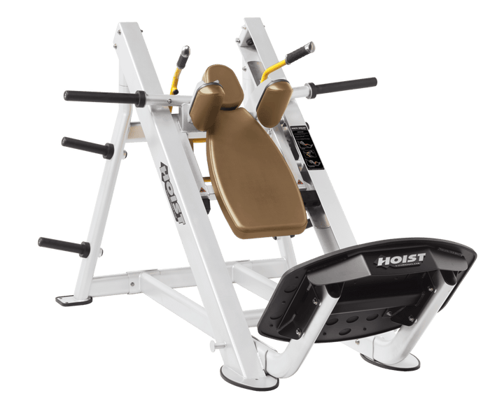 WHT White Commercial hack squat machine with angled backrest, shoulder pads, and footplate for lower body strength training