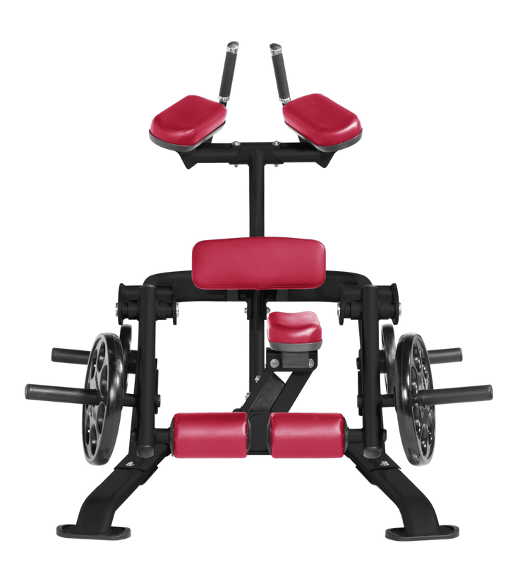 AMB Front view of kneeling leg curl showing pads, handles, and weight plate loading positions