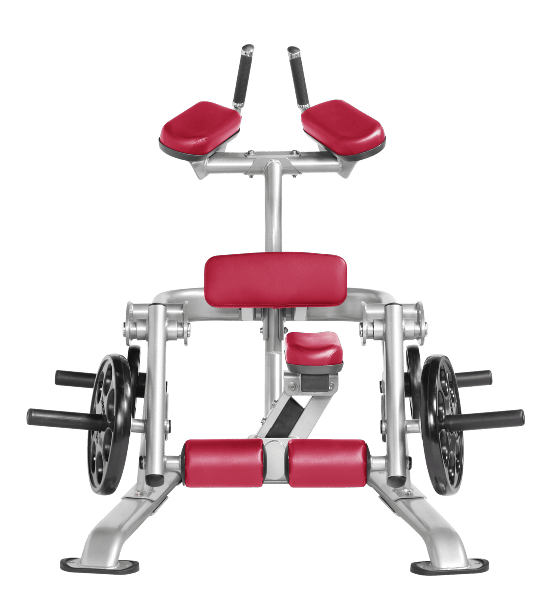 Platinum AMB color Front view of kneeling leg curl showing pads, handles, and weight plate loading positions