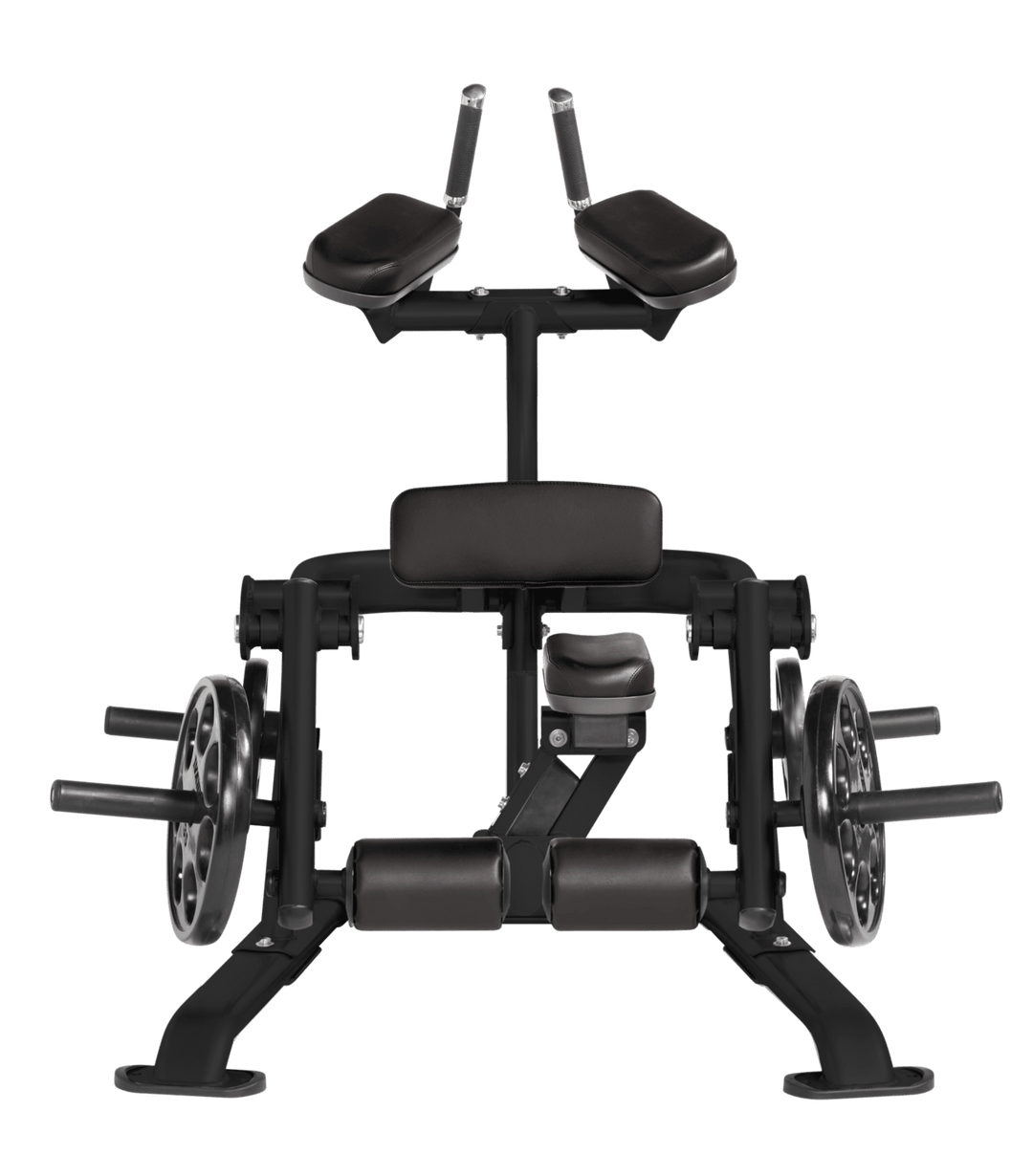 BLK Front view of kneeling leg curl showing pads, handles, and weight plate loading positions
