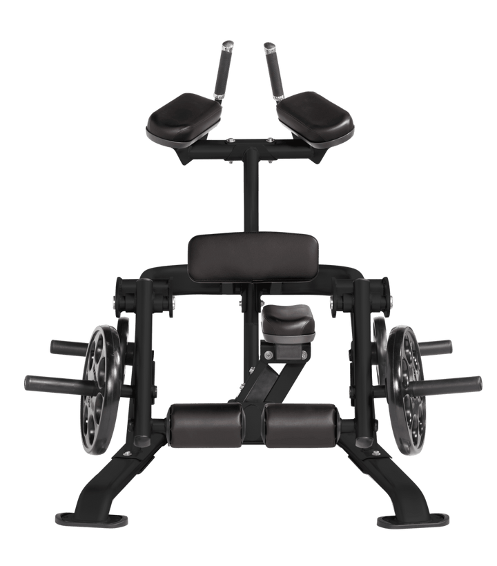BLK Front view of kneeling leg curl showing pads, handles, and weight plate loading positions