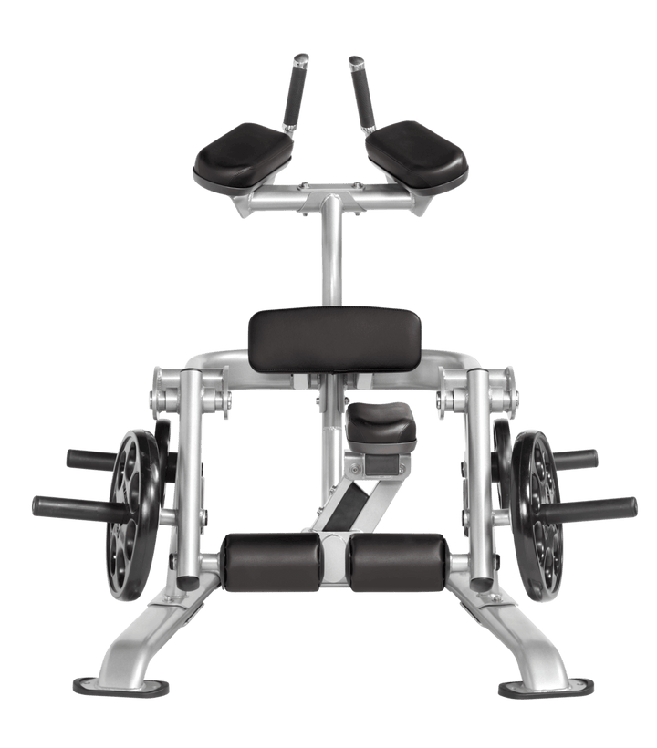 Platinum SUE color Front view of kneeling leg curl showing pads, handles, and weight plate loading positions