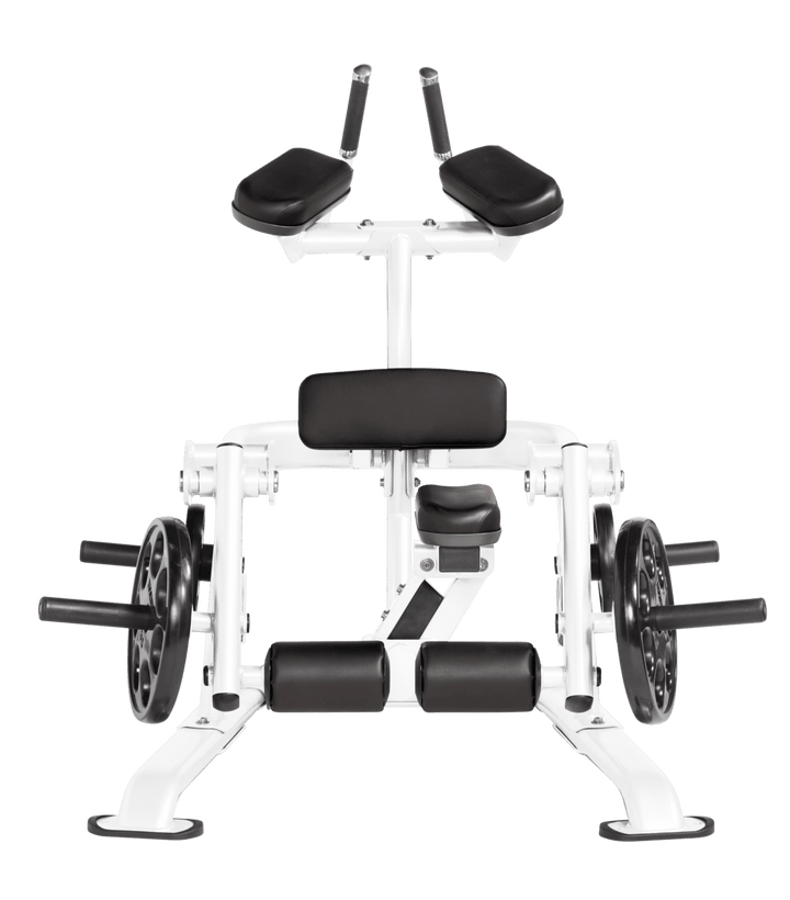 White BLK color Front view of kneeling leg curl showing pads, handles, and weight plate loading positions
