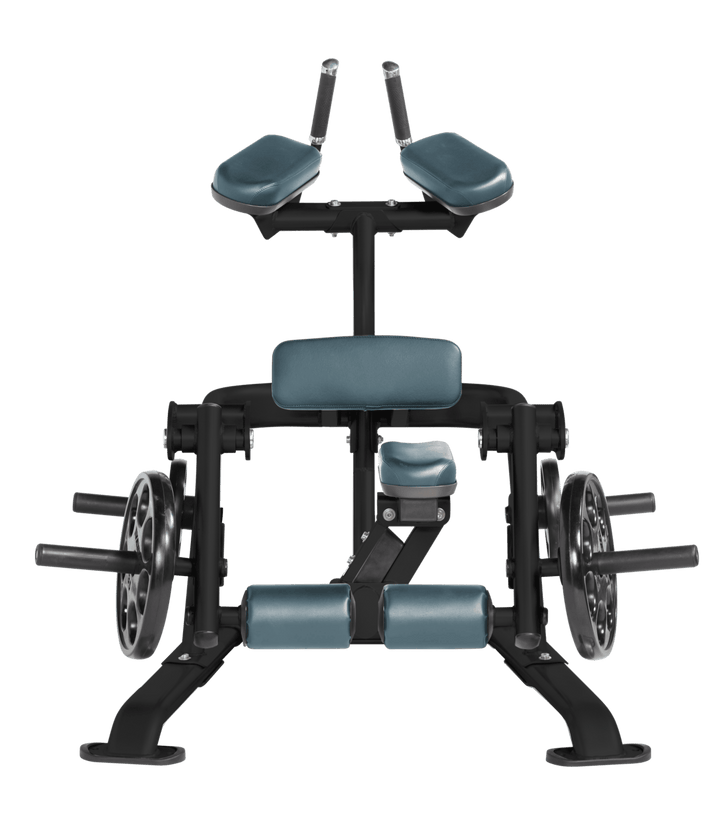 BRD Front view of kneeling leg curl showing pads, handles, and weight plate loading positions
