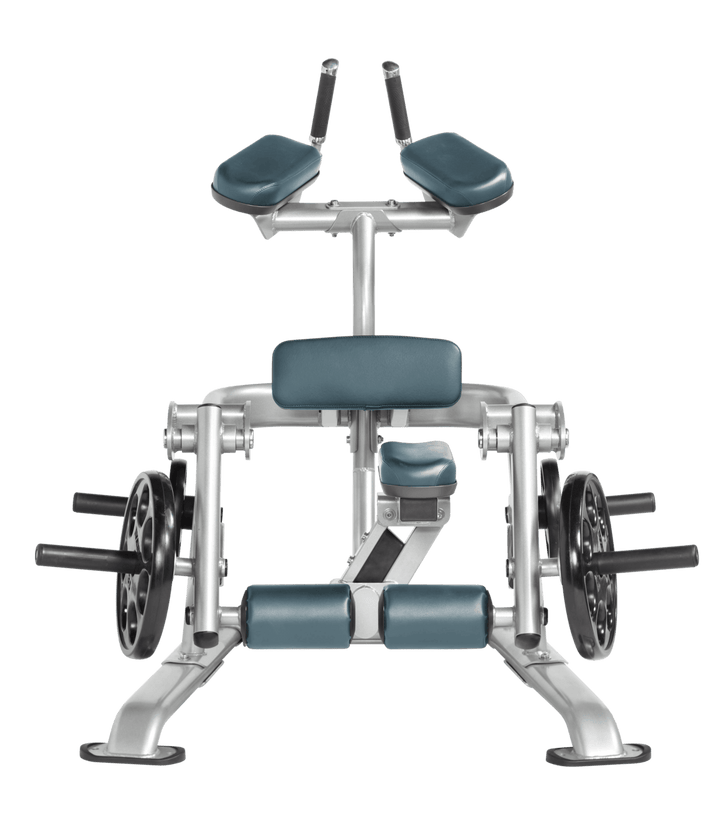 Platinum BRD color Front view of kneeling leg curl showing pads, handles, and weight plate loading positions