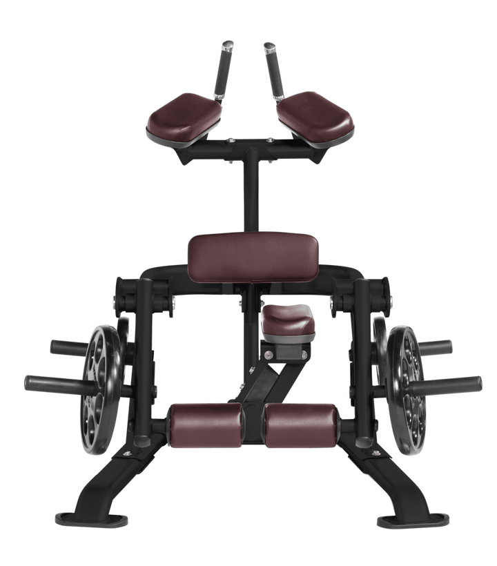 BRG Front view of kneeling leg curl showing pads, handles, and weight plate loading positions