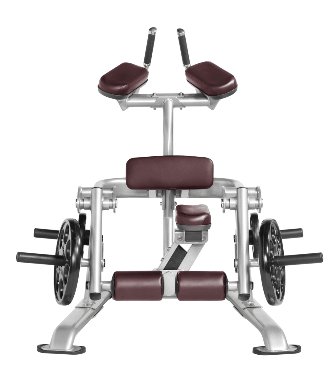 Platinum BRG color Front view of kneeling leg curl showing pads, handles, and weight plate loading positions