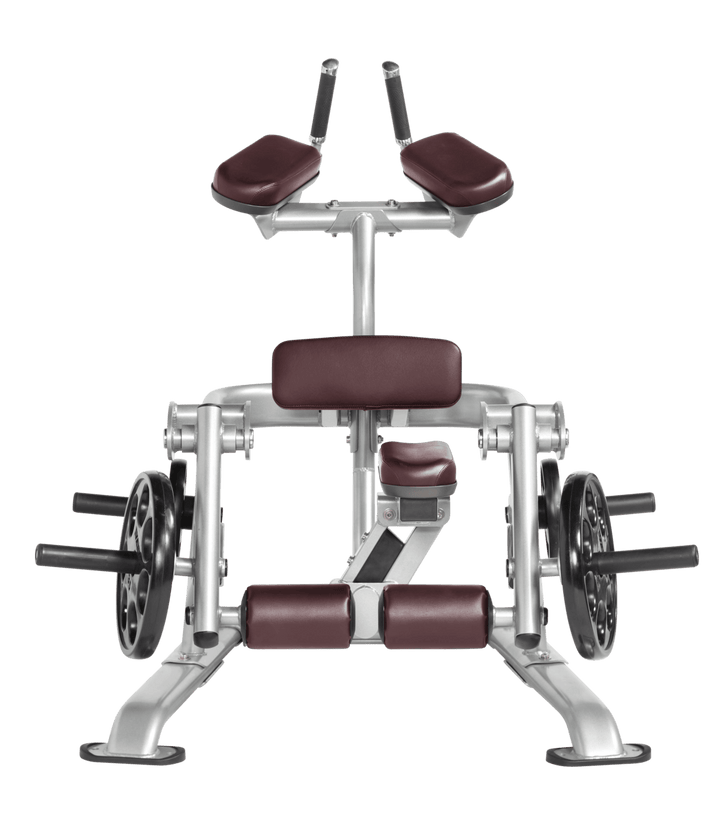 Platinum BRG color Front view of kneeling leg curl showing pads, handles, and weight plate loading positions