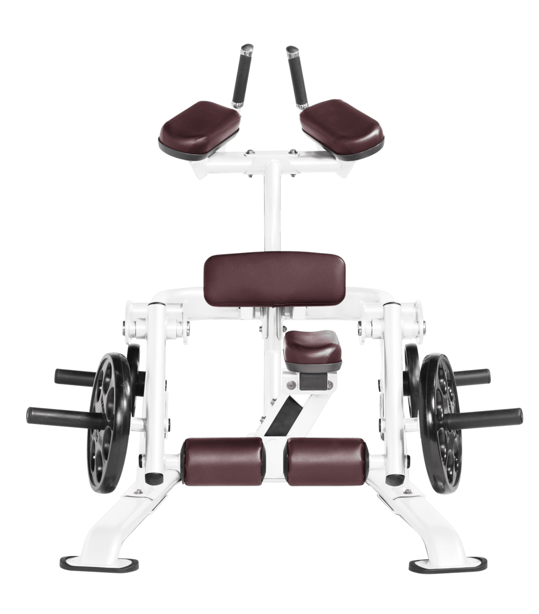 White BRG color Front view of kneeling leg curl showing pads, handles, and weight plate loading positions