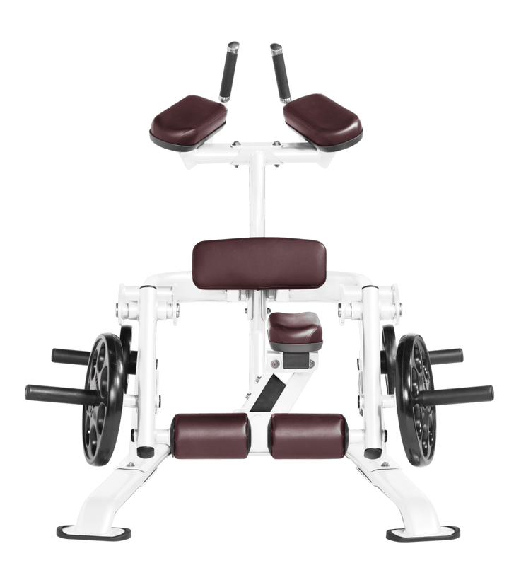 White BRG color Front view of kneeling leg curl showing pads, handles, and weight plate loading positions