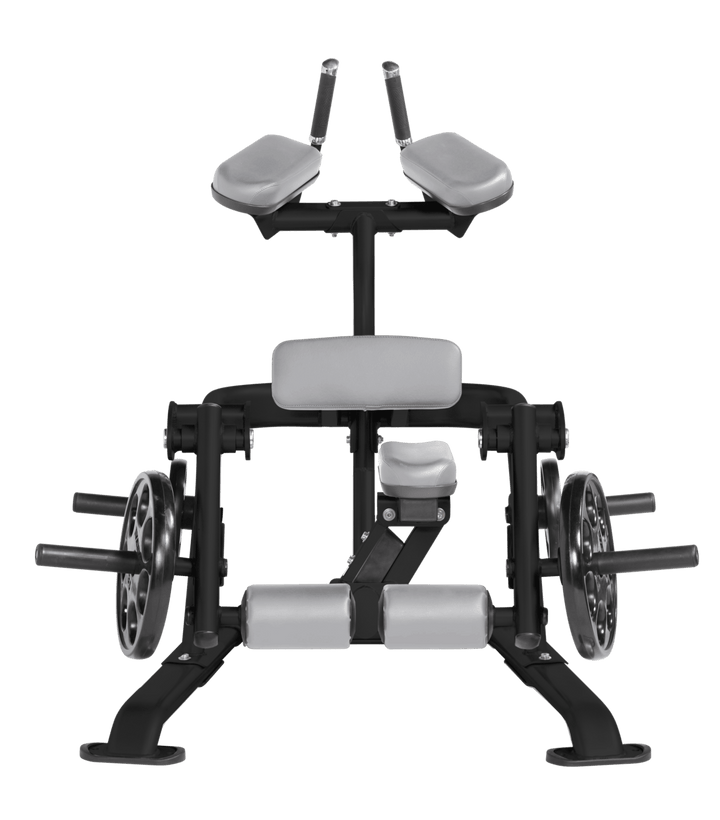 DVG Front view of kneeling leg curl showing pads, handles, and weight plate loading positions